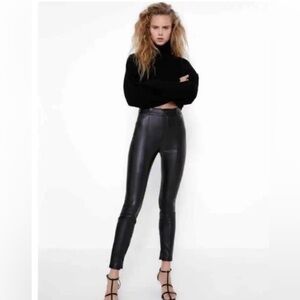 Zara Black Faux Leather Zipper Ankle Legging Pants Size XS